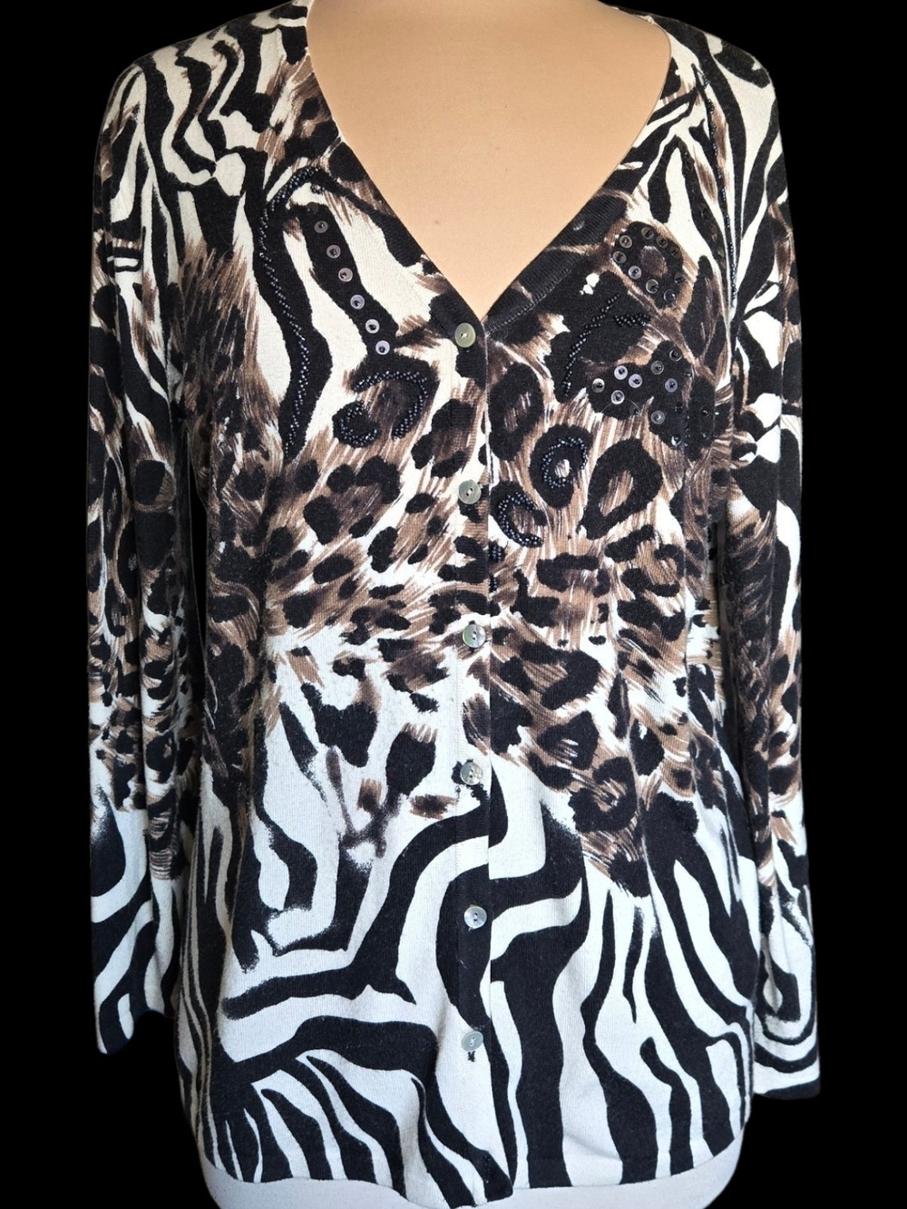 Pierri New York Mixed Animal Print Button-Front Sweater W/ Beaded Accents Sz L
